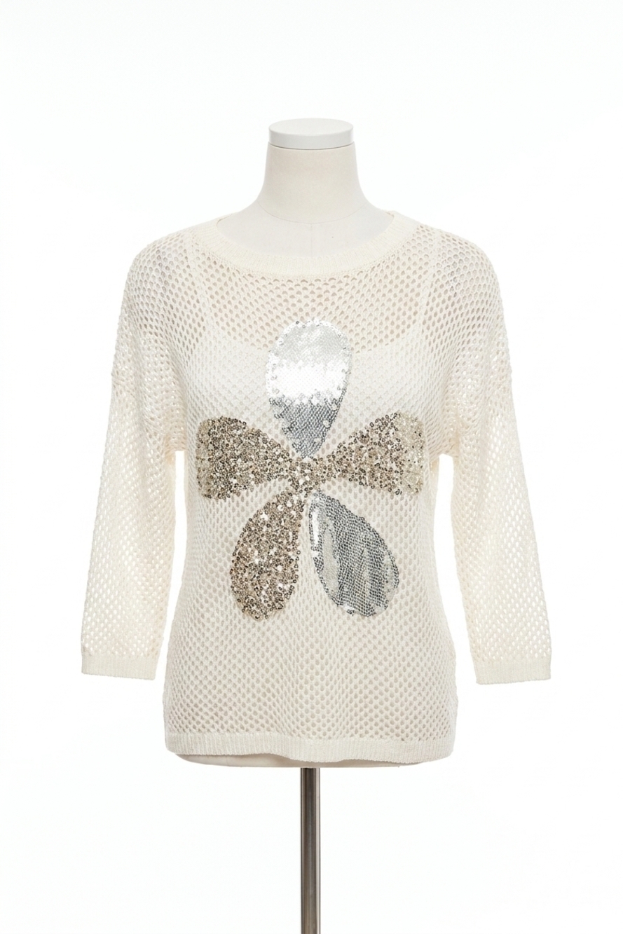 NEW FRANK LYMAN saphine sequin floral embellished sweater in off-white